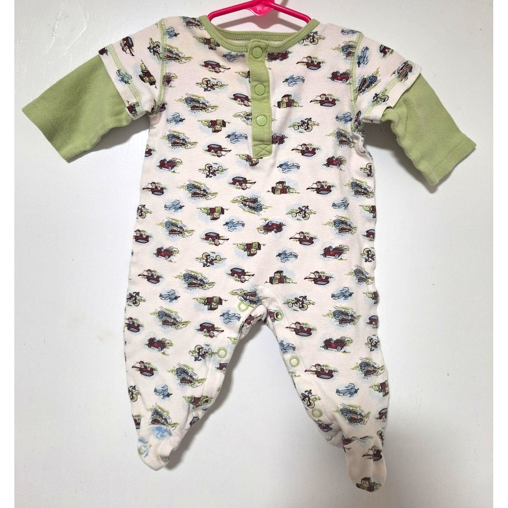 Little Wonders Baby Boy Footed Romper 0-3 Months Green Vintage Vehicles Cars